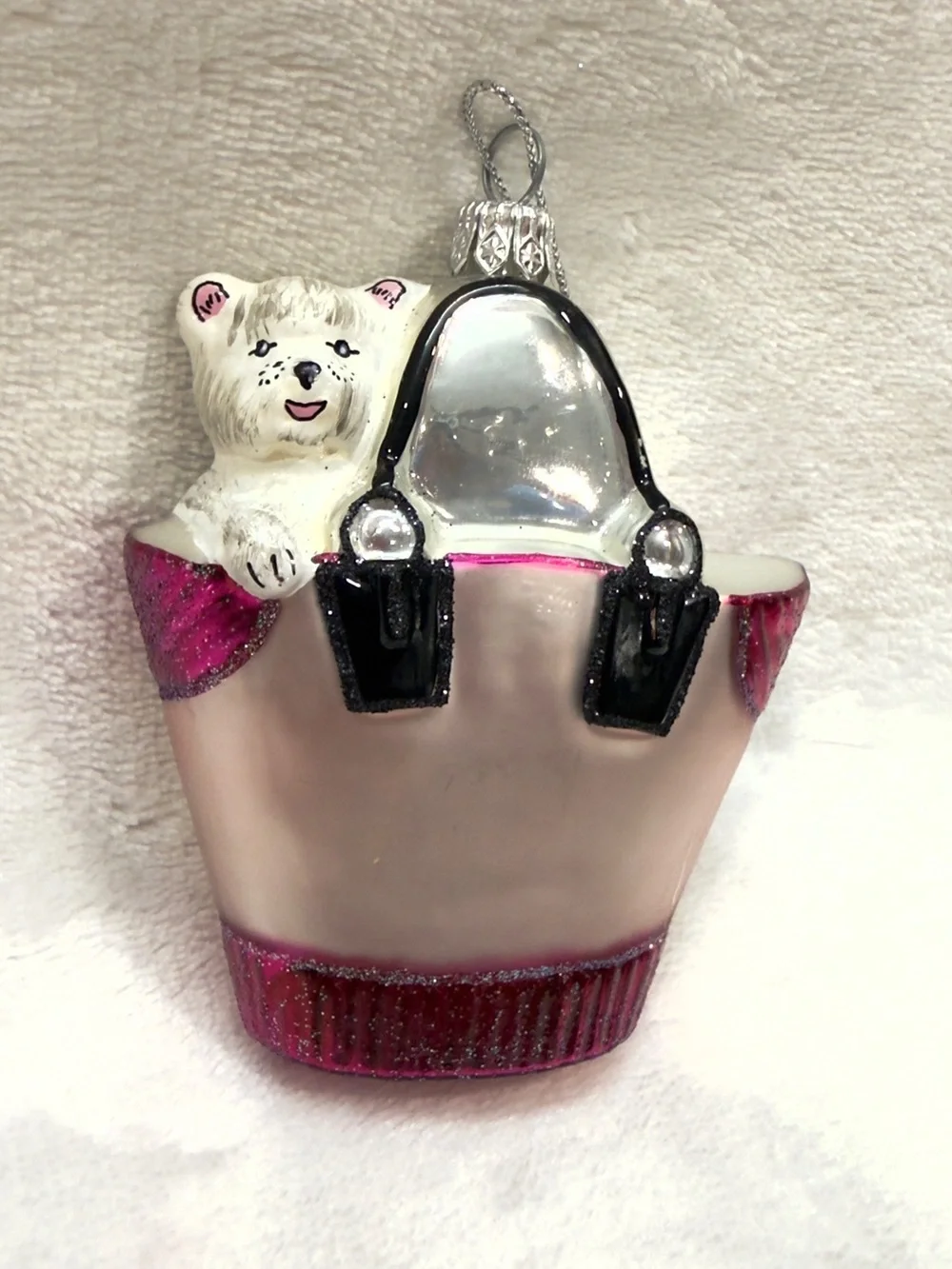 Radko Pooch in the Purse Pink Shiny Purse and Dog Ornament